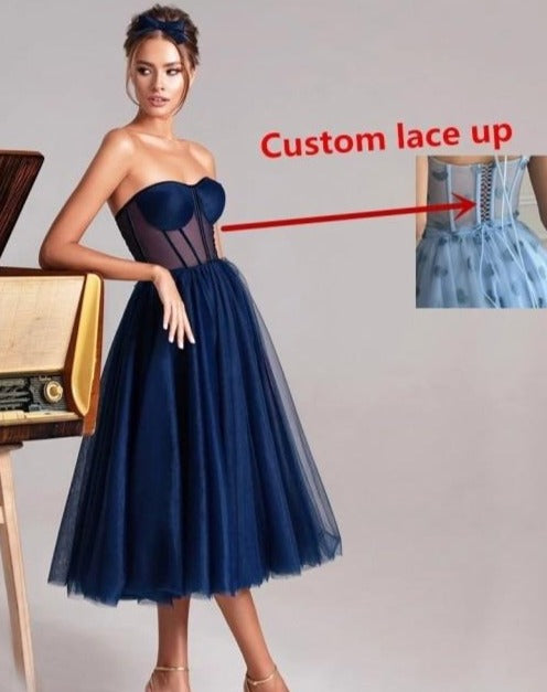 Simple Green Tulle Short Sheer Corset Top Tea Length Prom Dress Lace Prom Dresses BlissGown 