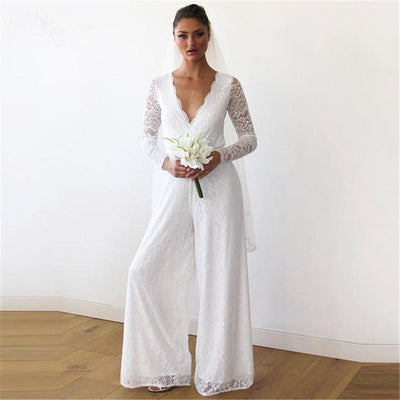 Simple Long Sleeve V-Neck Jumpsuits Boho Wedding Dress Boho Wedding Dresses BlissGown 