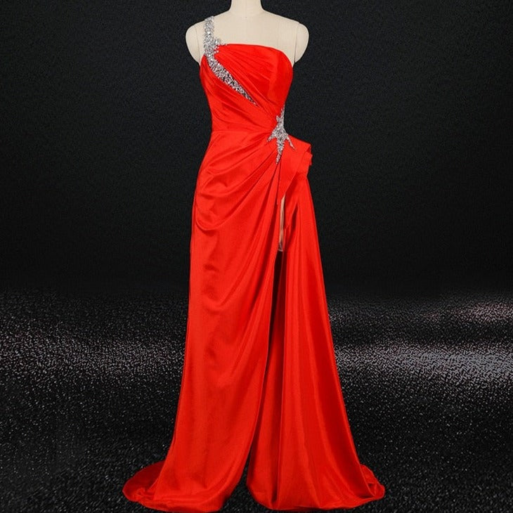 Simple Red Elegant One-Shoulder Sleeveless Evening Dress Evening & Formal Dresses BlissGown 