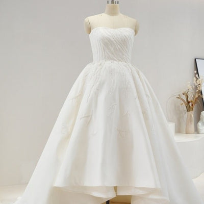 Simple Satin Ball Gown with Boat Neck Illusion Sleeveless Wedding Dress Sexy Wedding Dresses BlissGown 