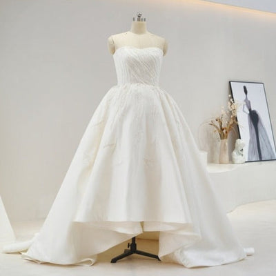 Simple Satin Ball Gown with Boat Neck Illusion Sleeveless Wedding Dress