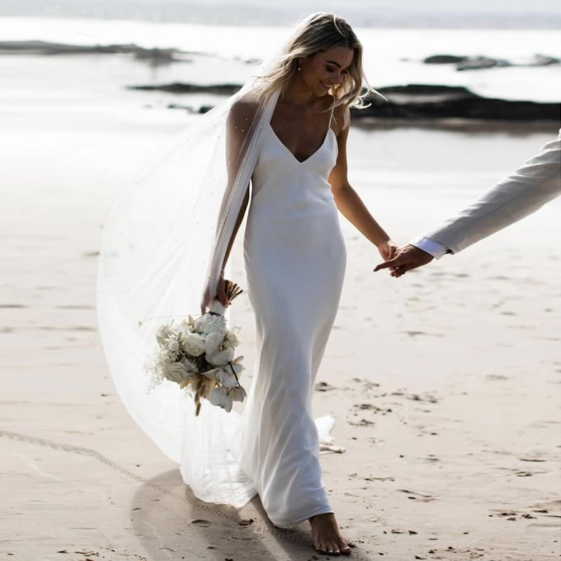 Simple Spaghetti Straps Chiffon Beach Boho Mermaid Wedding Dress Beach Wedding Dresses BlissGown 