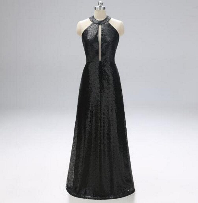 Sleeveless Halter Neck Backless Sequin Evening Dress Evening & Formal Dresses BlissGown Black 2 Floor Length