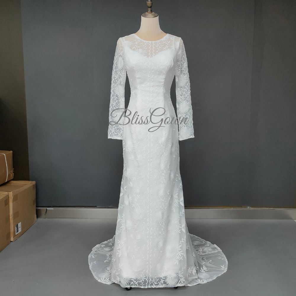 Soft Lace Simple Long Sleeve Wedding Dress Boho Wedding Dresses BlissGown 