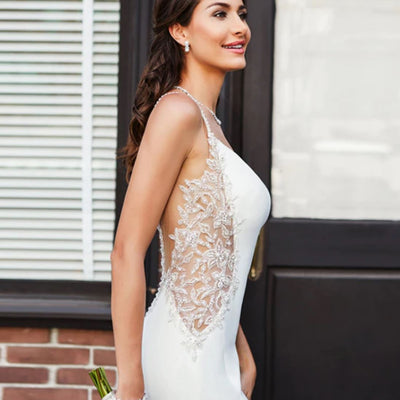 Soft Satin Lace Appliques Sexy Backless with Beading Bride Dress Sexy Wedding Dresses BlissGown 