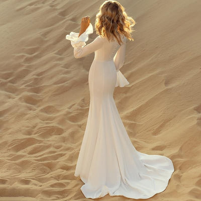 Soft Satin Sweep Train Bell Sleeve Romantic Mermaid Wedding Dress Romantic Wedding Dresses BlissGown 