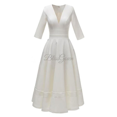 Soft Satin Tea Length Midi Wedding Dresses Classic Wedding Dresses BlissGown 