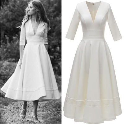 Soft Satin Tea Length Midi Wedding Dresses Vintage Wedding Dresses BlissGown 