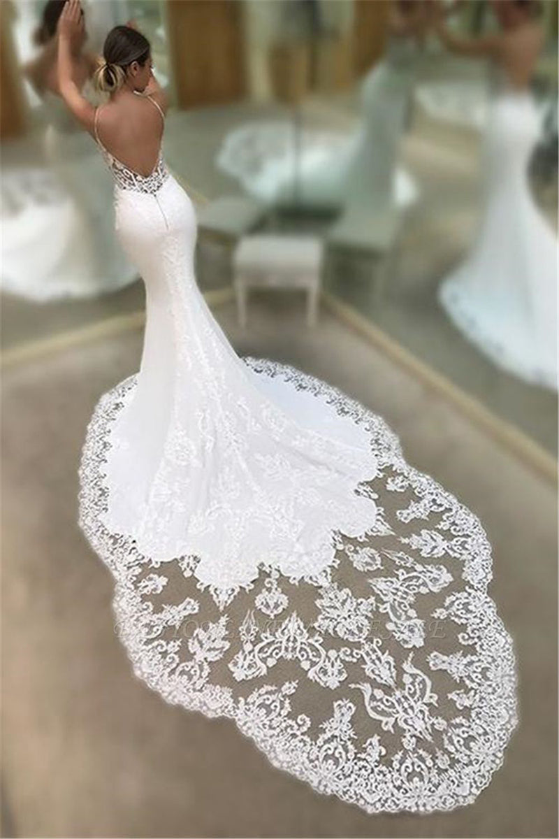 Spaghetti Strap Appliques Lace Long Train Chiffon Mermaid Bride Dress Classic Wedding Dresses BlissGown 