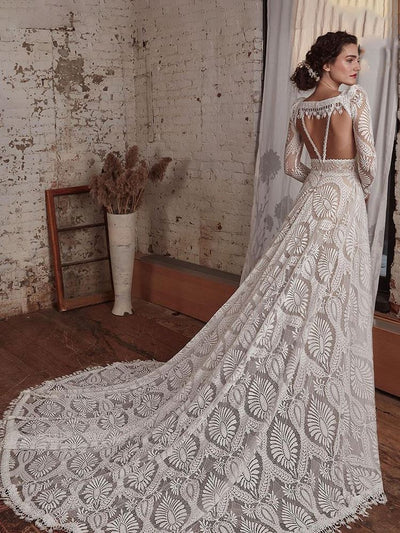 Spaghetti Strap Lace Bohemian Deep V-Neck Open Back Illusion Wedding Dress Classic Wedding Dresses BlissGown 