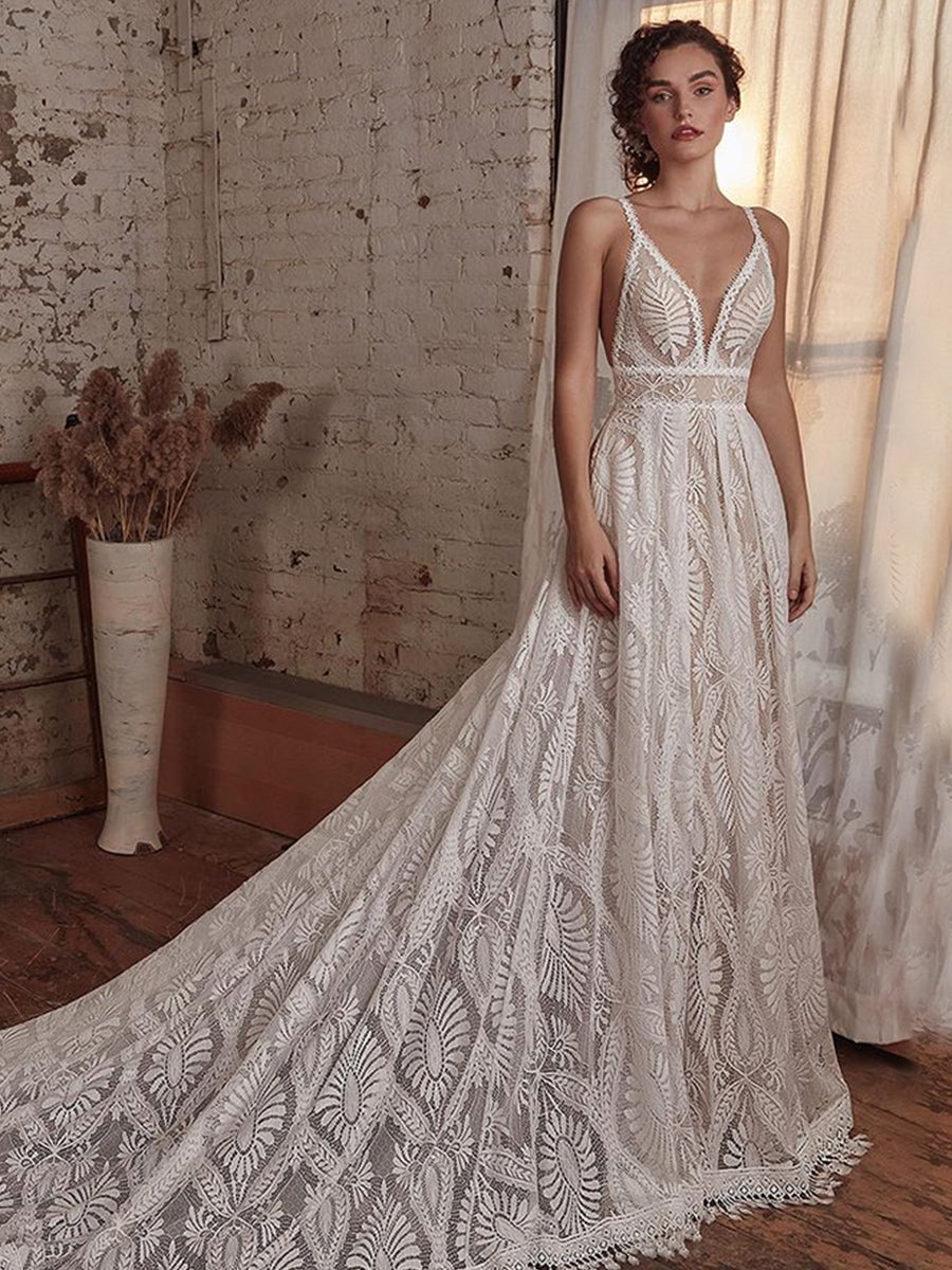 Spaghetti Strap Lace Bohemian Deep V-Neck Open Back Illusion Wedding Dress Classic Wedding Dresses BlissGown 