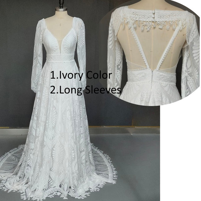 Spaghetti Strap Lace Bohemian Deep V-Neck Open Back Illusion Wedding Dress Classic Wedding Dresses BlissGown Ivory Color 10 