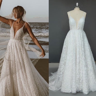 Spaghetti Strap Lace Deep V-Neck Open Back Illusion Wedding Dress Classic Wedding Dresses BlissGown 