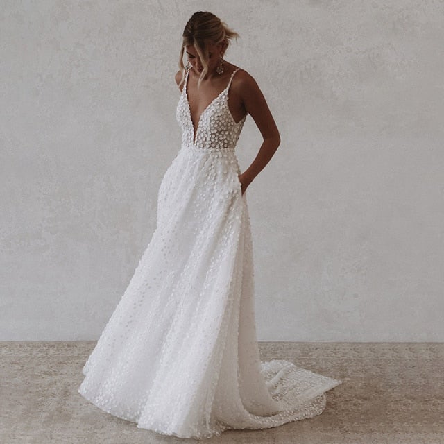 Spaghetti Strap Lace Deep V-Neck Open Back Illusion Wedding Dress Classic Wedding Dresses BlissGown Picture Color Custom Size 