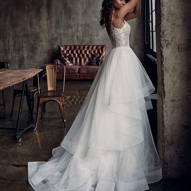 Spaghetti Strap V-Neck Appliques Lace Beaded Backless Ruffle Wedding Gown Classic Wedding Dresses BlissGown 
