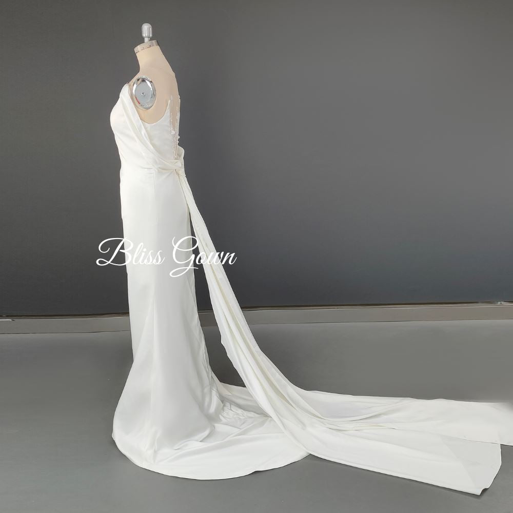 Spaghetti Straps Backless Satin Mermaid Wedding Dress Classic Wedding Dresses BlissGown 