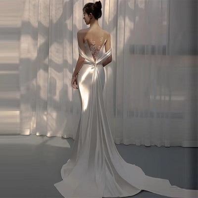 Spaghetti Straps Backless Satin Mermaid Wedding Dress Classic Wedding Dresses BlissGown 