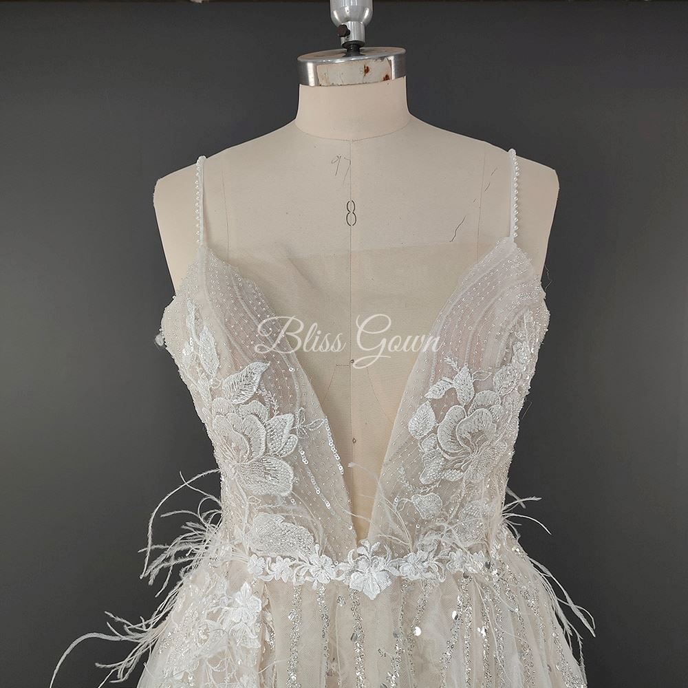 Spaghetti Straps Beaded Lace Feather Wedding Dress Sexy Wedding Dresses BlissGown 