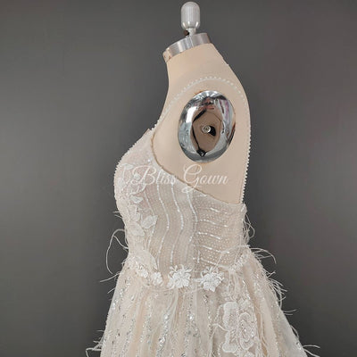 Spaghetti Straps Beaded Lace Feather Wedding Dress Sexy Wedding Dresses BlissGown 