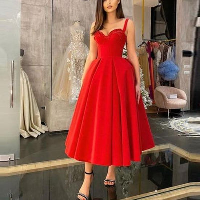 Spaghetti Straps Fluffy Skirt Short Tea Length Prom Dress Lace Prom Dresses BlissGown Red 6 