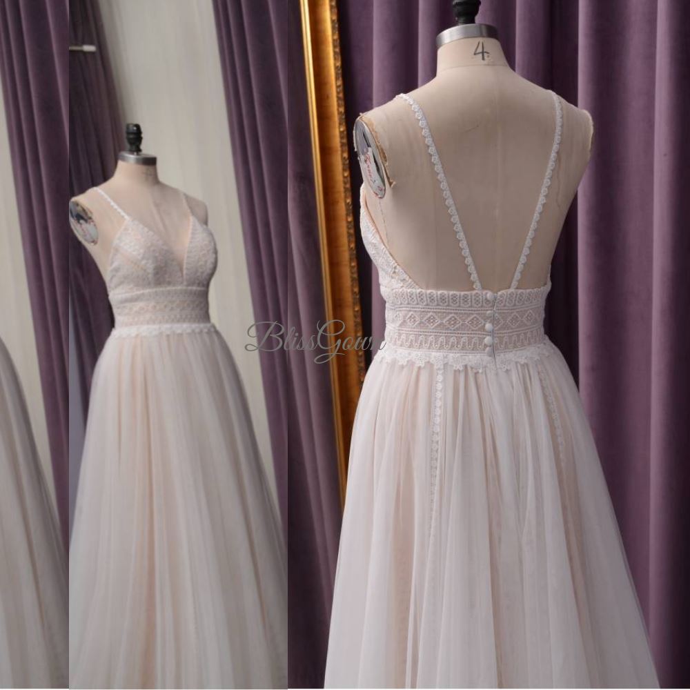 Spaghetti Straps Lace Boho Wedding Dress Vintage Wedding Dresses BlissGown 