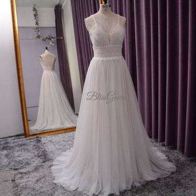 Spaghetti Straps Lace Boho Wedding Dress Vintage Wedding Dresses BlissGown Ivory Blush Lining 16W 