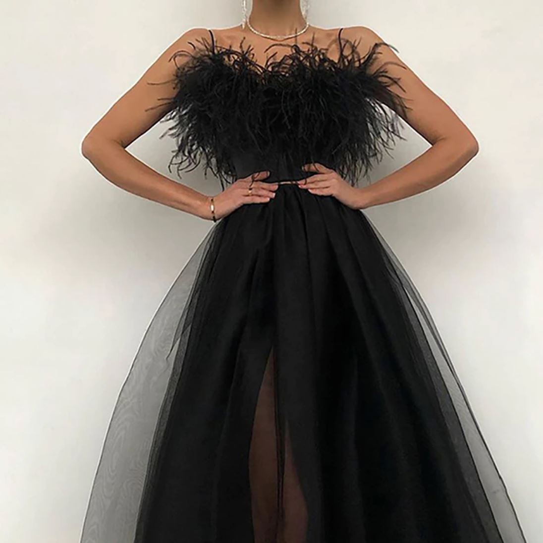 Spaghetti Straps Side Slit With Feather Tulle A Line Prom Dress Sexy Prom Dresses BlissGown 