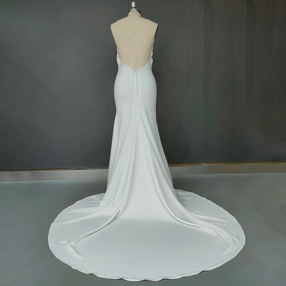 Spaghetti Straps Thign Split Stretch Crepe Bridal Gown Classic Wedding Dresses BlissGown 