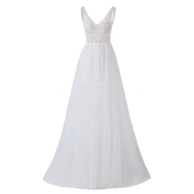 Spaghetti Straps V Neck Lace Wedding Dress Boho Wedding Dresses BlissGown 