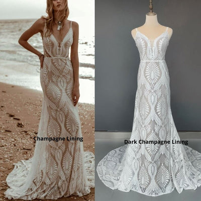 Spaghetti Straps V-Neck Open Back Lace Wedding Dress Beach Wedding Dresses BlissGown 