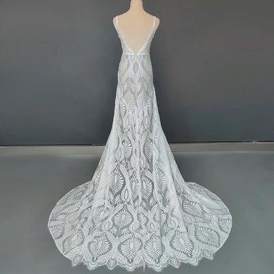 Spaghetti Straps V-Neck Open Back Sweep Train Lace Wedding Dress Classic Wedding Dresses BlissGown 