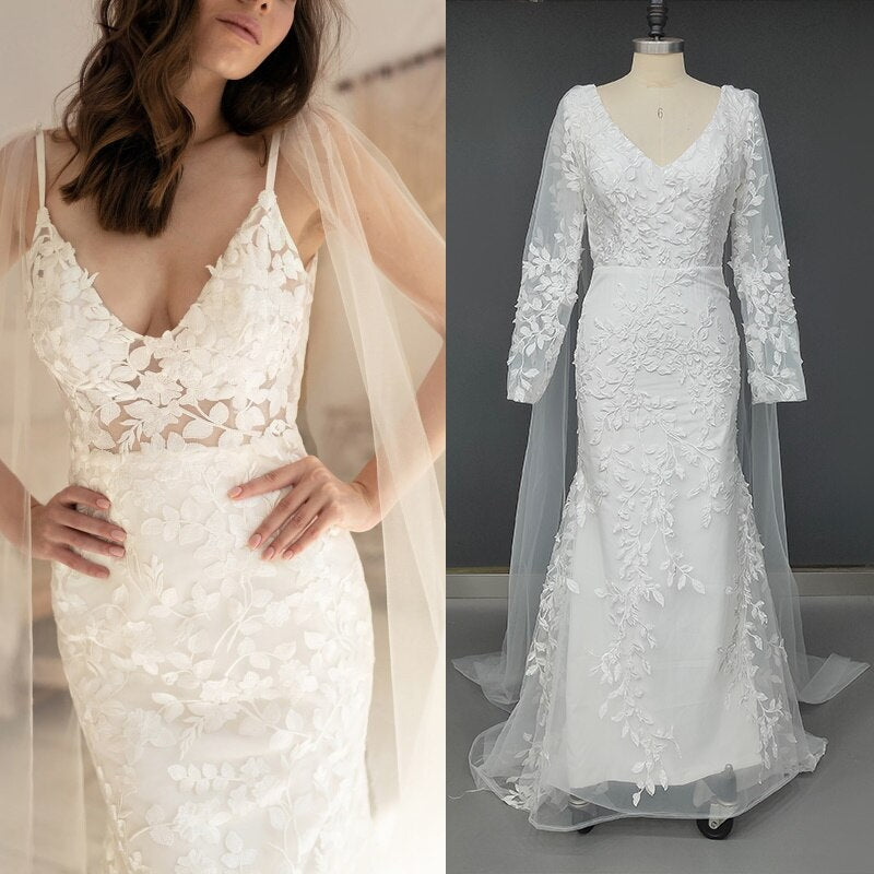 Spaghetti Straps V-Neck Open V Back Lace Bohemian Wedding Dress Boho Wedding Dresses BlissGown 