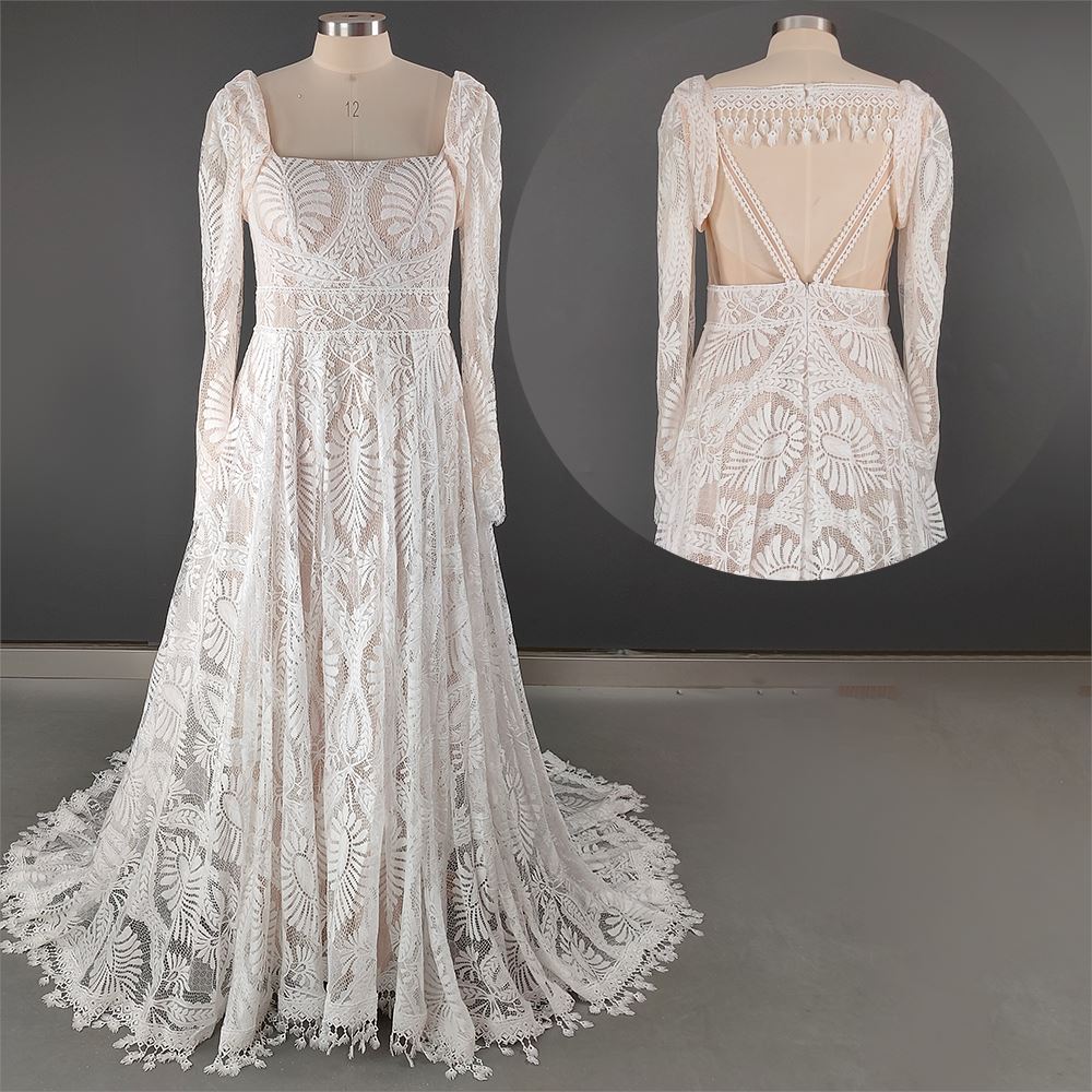 Spaghetti Straps with Detachable Long Sleeve Bridal Gown Boho Wedding Dresses BlissGown Square Neck Custom Size 