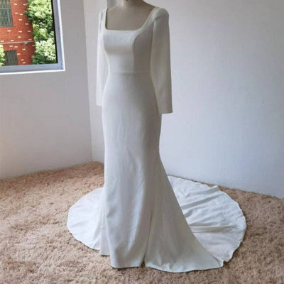 Square Neckline Long Sleeves Satin U-Shape Backless Bridal Dress Classic Wedding Dresses BlissGown 