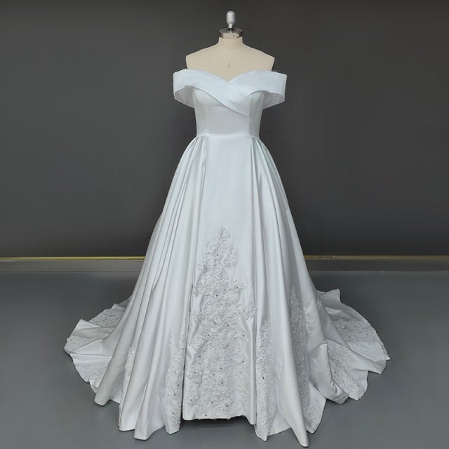 Strapless A-Line Off-Shoulder Open Back V-Neck Satin Lace Wedding Dress Classic Wedding Dresses BlissGown As Picture 16 