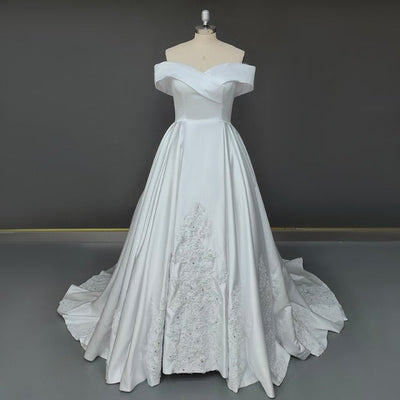 Strapless A-Line Off-Shoulder Open Back V-Neck Satin Lace Wedding Dress Classic Wedding Dresses BlissGown As Picture 16 