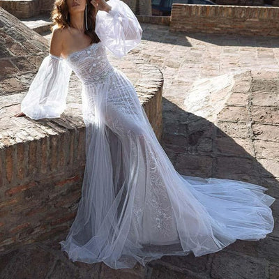 Strapless Lace Appliqued Long Puff Sleeves Princess Beaded Bridal Gown Beach Wedding Dresses BlissGown 