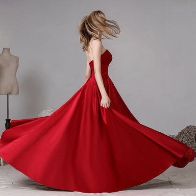 Strapless Split Front Red Satin Evening Party Prom Dress Sexy Prom Dresses BlissGown 