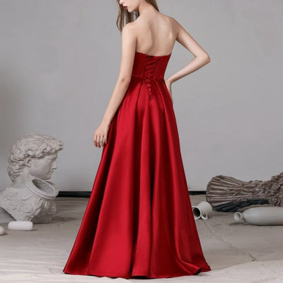Strapless Split Front Red Satin Evening Party Prom Dress Sexy Prom Dresses BlissGown 