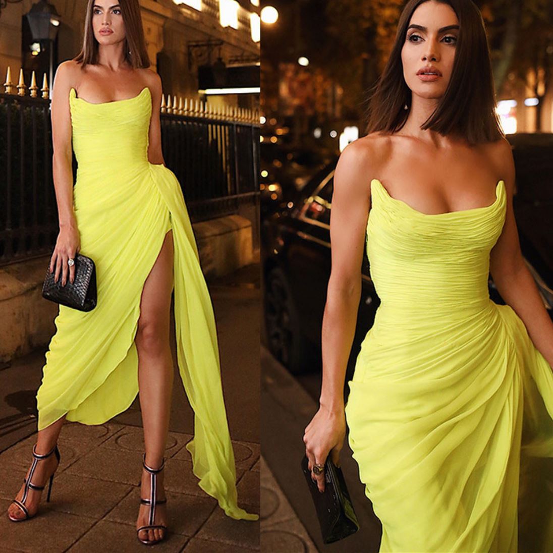 Strapless Yellow Silk Chiffon Pleated Beach Evening Dress Evening & Formal Dresses BlissGown 