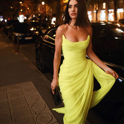 Strapless Yellow Silk Chiffon Pleated Beach Evening Dress Evening & Formal Dresses BlissGown 