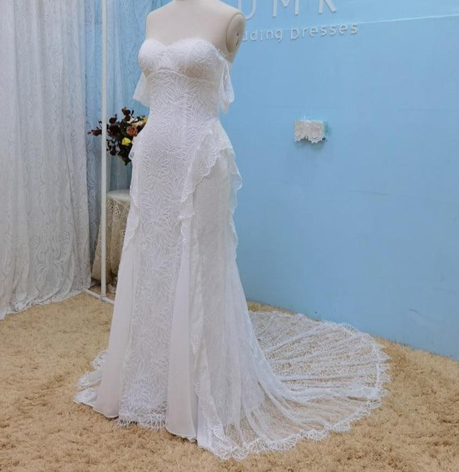 Stretch Lace Bohemia Sexy Strapless Cap Sleeve Boho Wedding Dress Boho Wedding Dresses BlissGown 
