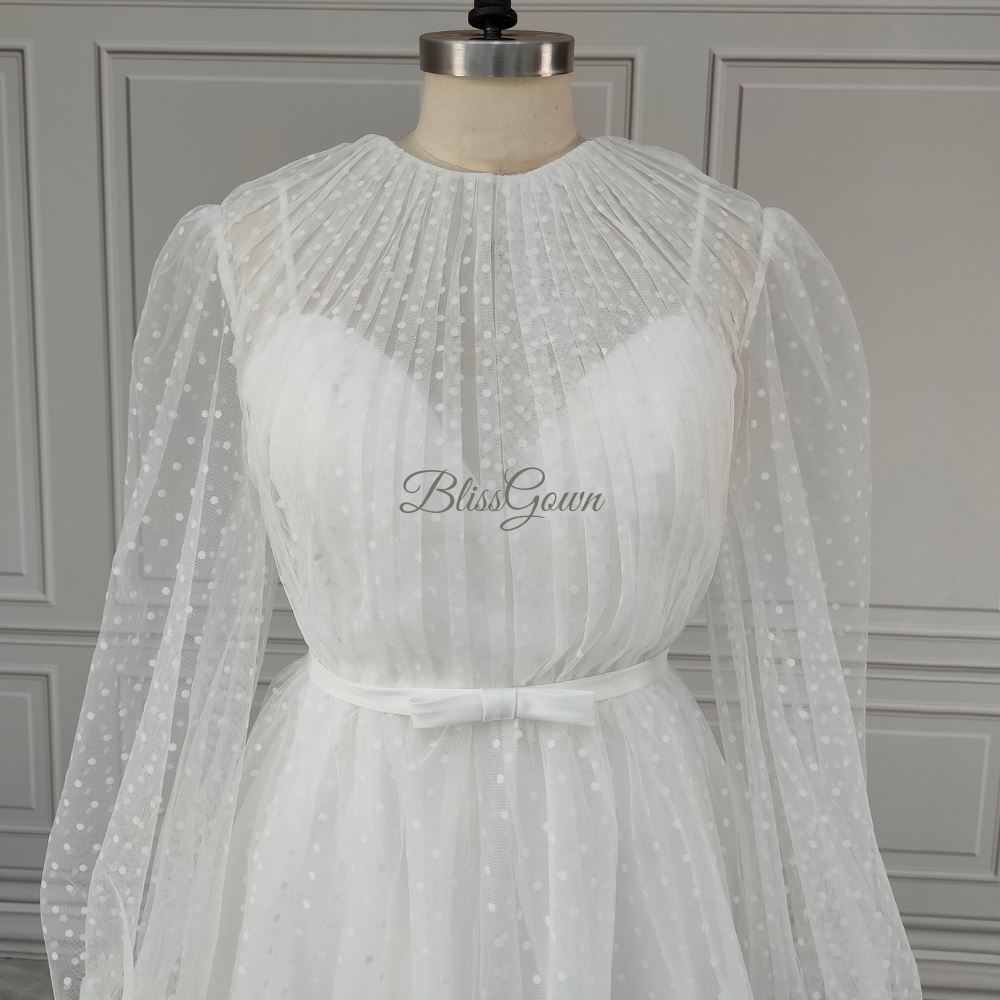 Summer Polka Dot Long Train Mini Wedding Dress Classic Wedding Dresses BlissGown 