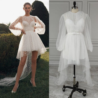Summer Polka Dot Long Train Mini Wedding Dress Classic Wedding Dresses BlissGown Ivory 2 