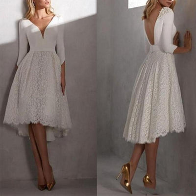 Summer Short Backless Lace Satin Applique Tea Length Wedding Dress Classic Wedding Dresses BlissGown 
