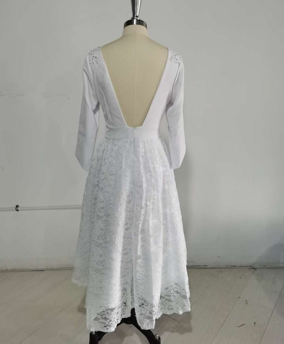 Summer Short Backless Lace Satin Applique Tea Length Wedding Dress Classic Wedding Dresses BlissGown 