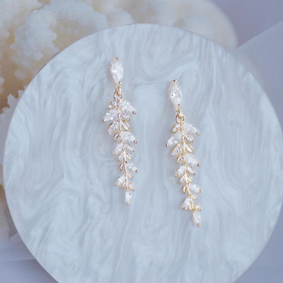 Swarovski Crystal 14k Gold Plated Leaf Bridal Wedding Earrings Jewelry BlissGown 