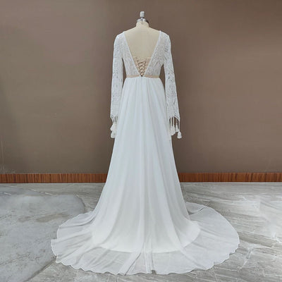 Sweep Train Bell Sleeve O-Neck Romantic Bohemian Wedding Dress Romantic Wedding Dresses BlissGown 