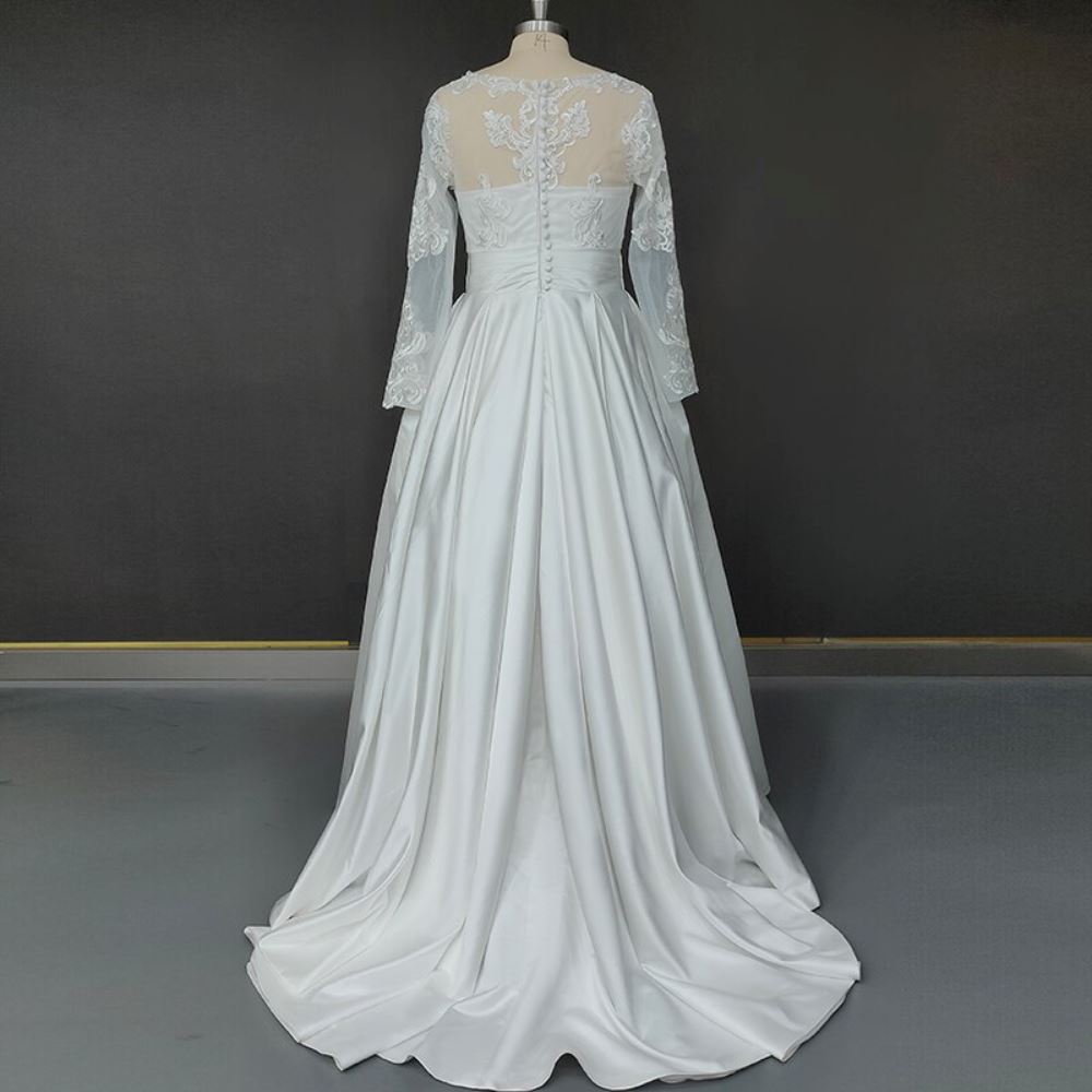 Sweep Train Elegant Long Sleeve Appliqued Bride Dress Classic Wedding Dresses BlissGown 