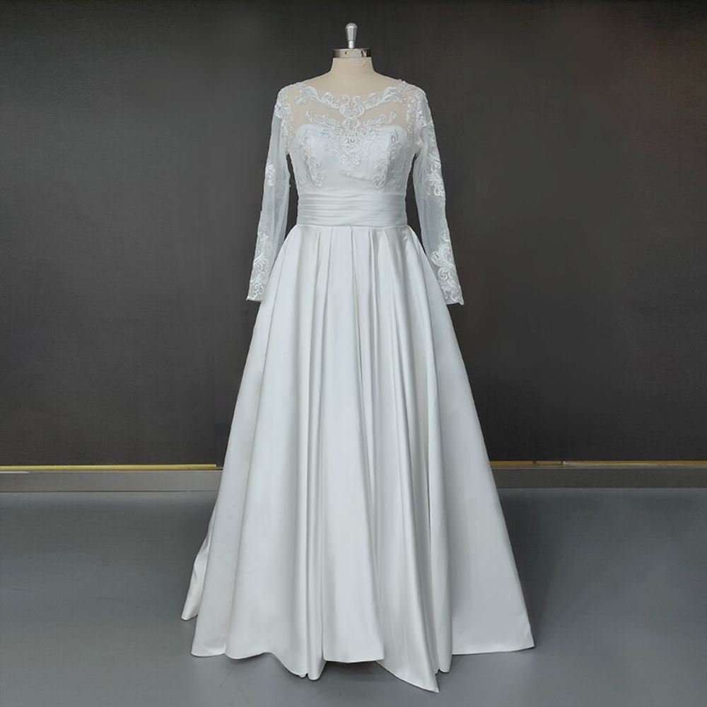 Sweep Train Elegant Long Sleeve Appliqued Bride Dress Classic Wedding Dresses BlissGown 